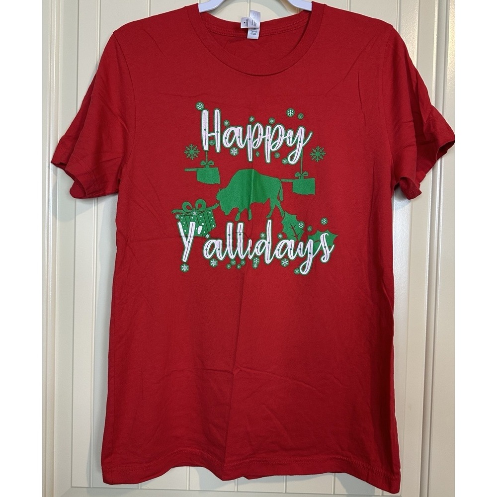 "Happy Y'allidays" Graphic T-Shirt red short sleeve sz M Holiday Christmas‎ Okie